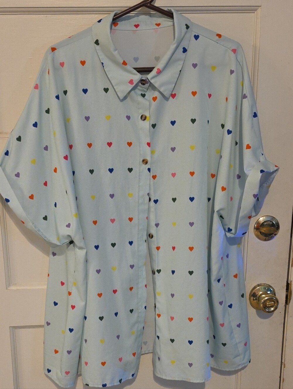 SHEIN Pastel Blue Button-Up Shirt with Multicolor Heart Print